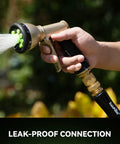 Heavy Duty Brass Garden Hose Quick Connectors Three Quarter Inch GHT Universal Leak Proof Fittings in use with nozzle spraying water