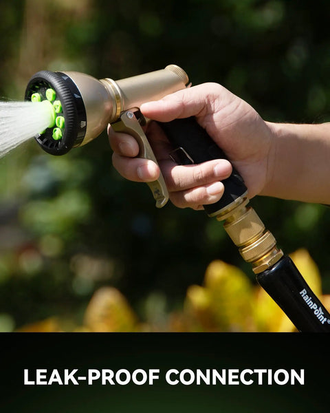 Heavy Duty Brass Garden Hose Quick Connectors Three Quarter Inch GHT Universal Leak Proof Fittings in use with nozzle spraying water