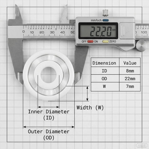 Two 608 zirconia full ceramic bearings; white ceramic, ID 8mm, OD 22mm, width 7mm, shown with caliper