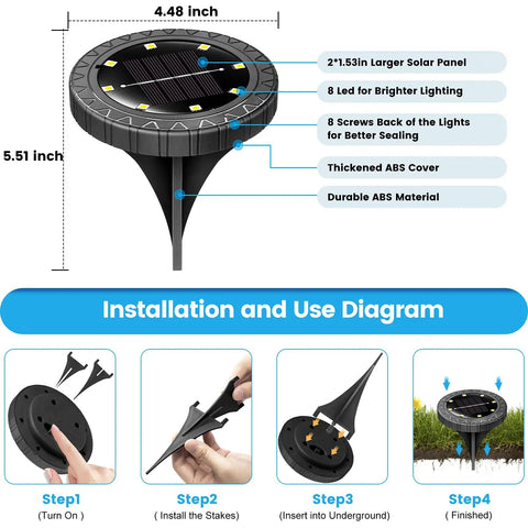 Diagram showing solar ground light specs with installation steps for 8 Pack Solar Ground Lights Waterproof IP68 For Pathway And Yard Lit Warm White Landscape Lighting With Long Lasting Power Easy Install Durable Outdoor Lawn Path Illumination