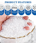 Heavy Duty Hot Melt Edgebander Glue Pellets Straight Up Premium EVA Formula With Killer Viscosity And Rock Solid Bond For Woodworking Machines Album Sealing Jobs in a hand, showing high viscosity and transparent material.