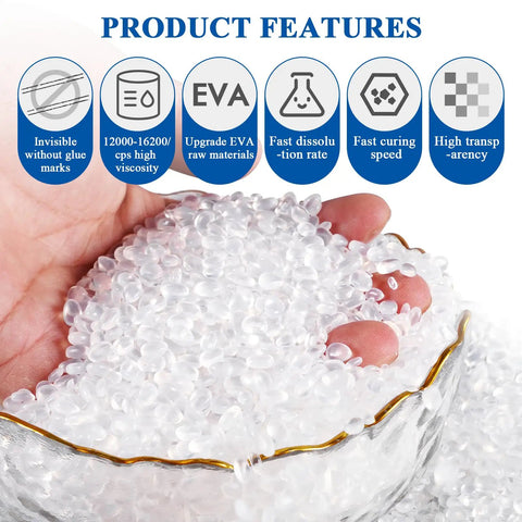 Heavy Duty Hot Melt Edgebander Glue Pellets Straight Up Premium EVA Formula With Killer Viscosity And Rock Solid Bond For Woodworking Machines Album Sealing Jobs in a hand, showing high viscosity and transparent material.