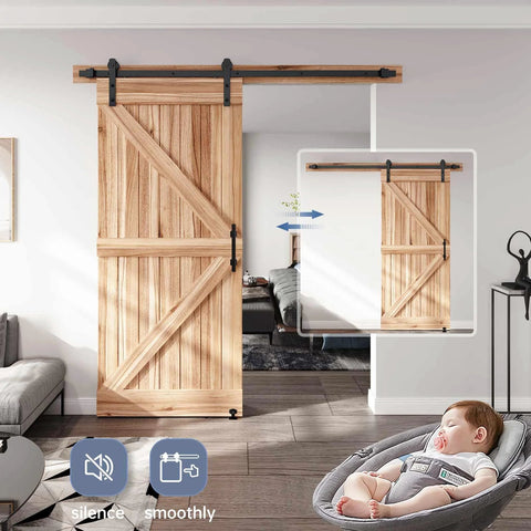 Sliding Barn Door Track And Handle Hardware Kit With Straight Pulley For Smooth Quiet Operation And Easy Installation, 6 ft track kit in modern room