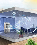 Heavy Duty Evaporative Air Cooler 8600 CFM Portable Swamp Cooler in a modern indoor setting with cooling airflow visual.