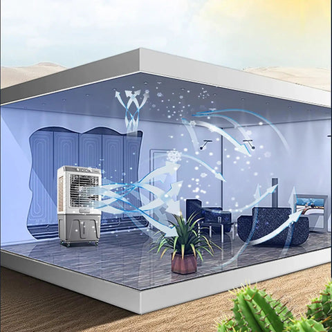 Heavy Duty Evaporative Air Cooler 8600 CFM Portable Swamp Cooler in a modern indoor setting with cooling airflow visual.