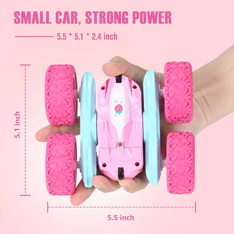 Hand holding Pink Remote Control Car For Girls, Rechargeable 2.4Ghz RC Truck with double-sided 360° rotating stunts, easy grip.