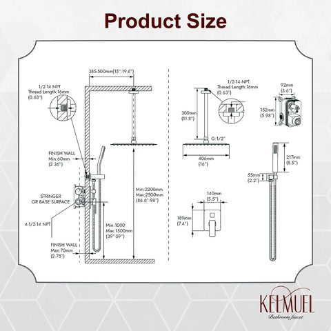 Dimensions diagram of Chrome Ceiling Mount 16 Inch Rainfall Shower Head With Handheld Spray, High Pressure Mixer Shower System.