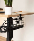 Two Pack Clamp On Desk Cable Management Trays 17 Inch Iron Mesh Racks For Under Desk Cords Power Strips And Surge Protectors Cord Organizer Solution For Home Office Black mounted on wood desk