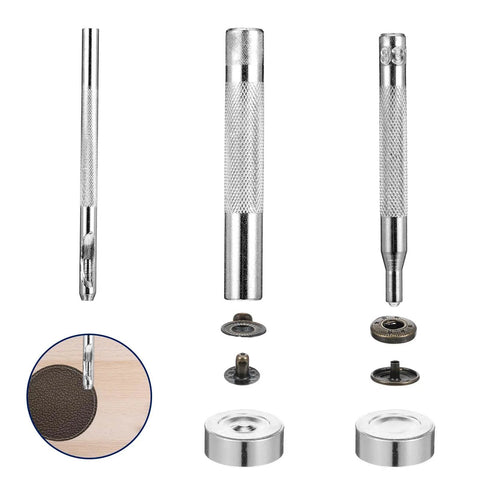 24 Sets Leather Snaps And Fasteners Kit 15mm Metal Snap Button Kit With 4 Installation Tools shown with installation example