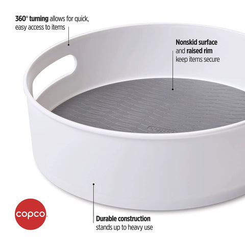 12 Inch Non Skid Lazy Susan Turntable Organizer With Easy Glide Spin And Sturdy Handles For Kitchen Pantry Cabinet Bathroom Laundry Garage showing gray non-skid surface and white round base.