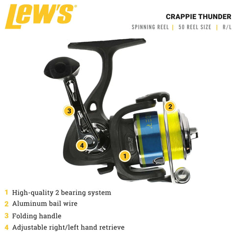 Crappie Thunder Spinning Fishing Reel Size 50 with 2 Bearing System, graphite body, right or left hand retrieve, green color.