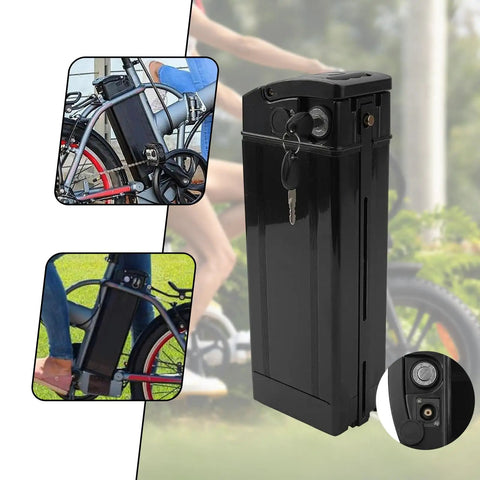 Heavy Duty 48v Electric Bike Battery Box With Large Capacity Housing Case For Ebike And Folding Scooter secured with key on bike