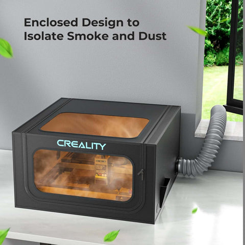 Front view of Creality laser engraver enclosure 2.0 in black with blue logo and orange window, vent hose attached.