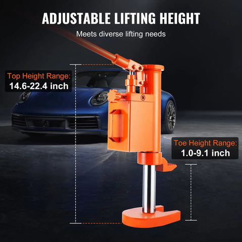 Heavy Duty Hydraulic Toe Jack 10 Ton Lift Capacity with adjustable height from 14.6 to 22.4 inches for auto shop use.