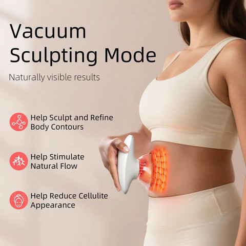Woman using Three In One Body Sculpting Machine with Vacuum Massage and Red Light Therapy on belly, home use