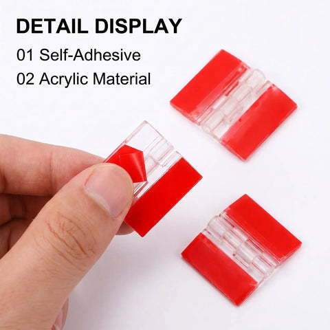 Detail view of 20 Pack Acrylic Self Adhesive Clear Mini Hinges For Crafts And DIY Projects, shown with red backing
