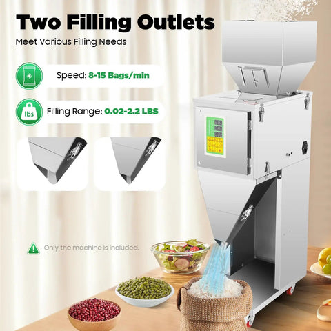 Heavy Duty Automatic Powder Filling Machine For Grain And Flour Packets Stainless Steel Capsule Bagger Adjustable 110V Rate dual filling outlets shown.