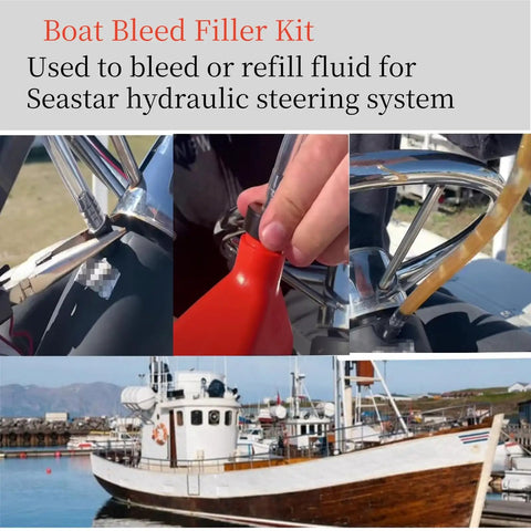 All In One Hydraulic Steering Bleed And Filler Kit For Outboard Sterndrive And Inboard Helms Easy To Use Leak Free Fill Tube And Fittings That Will Not Cross Thread For A No Fuss Clean Quick Bleed