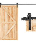EaseLife 8 Ft Sliding Barn Door Hardware Track Kit With Basic J Ball Bearing Pulley Smooth Quiet Rolling For 40 To 48 Inch Wide Single Door Aluminum Black Powder Coated Anti Corrosion Finish Easy Install shown with wooden door and close-up of pulley.
