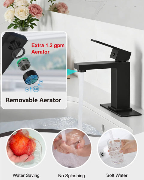 No Brainer Install Matte Black Bathroom Faucet With Deck Plate Kit showing water flow and aerator details