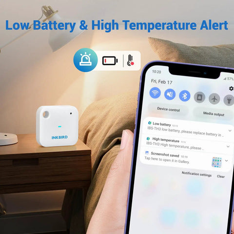 WiFi Thermometer and Humidity Sensor IBS TH3 Smart Temp Humidity Monitor With Remote Phone Access, 2.4GHz Wireless Control, No Gateway Needed, Easy App Setup for Home, Office, Garage, or Patio, on bedside table