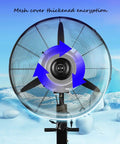 Heavy Duty Oscillating Standing Fan Delivering Three Speed Pedestal Power For Whole Room Cooling And Smooth Indoor Outdoor Air Circulation Designed To Keep Ya Chillin From Morning Till Night with visible mesh cover and fan blades.