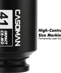 Close-up of a Three Quarter Inch Drive Deep Impact Socket 41 Millimeter Jumbo Metric Six Point Chrome Molybdenum Steel Black Phosphate Finish