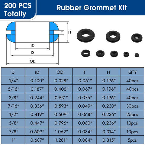 200 Pcs Rubber Grommet Kit Eight Sizes Hollow Firewall Grommets Assortment For Wiring And Cord Management Automotive Grommets Set