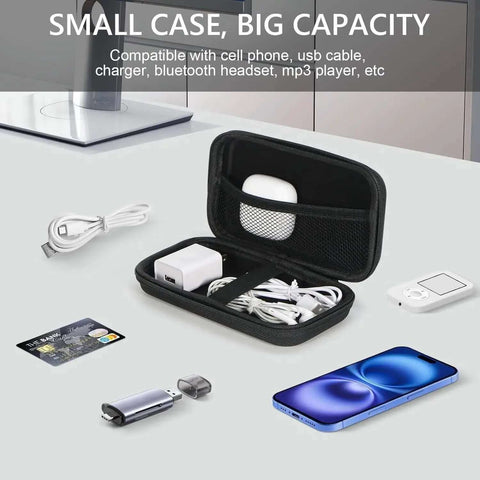 Premium Hella Tough Hard Eva Protective Travel Pouch With Slick Mesh Pocket Black with charging cables, power adapter, and smartphone.