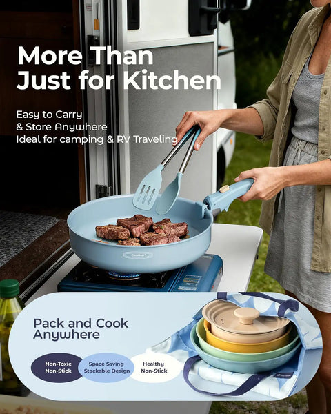 Person cooking meat in Ceramic Cookware Set With Detachable Handles Nonstick Pots And Pans 12 Piece Camping And RV Kitchen Kit