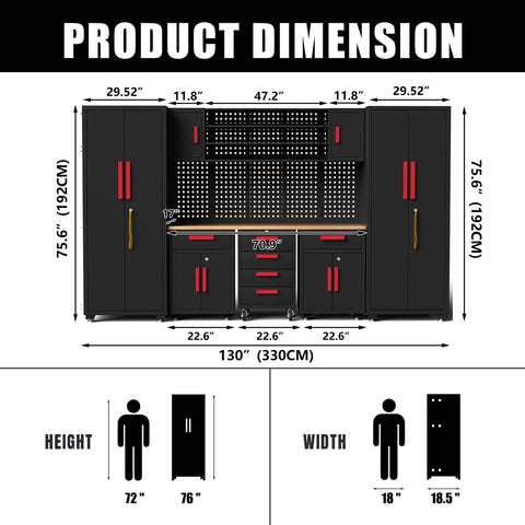 Diagram of product dimensions for Black Garage Tool Cabinet Set, 9-Piece Storage System For Tools And Gear.