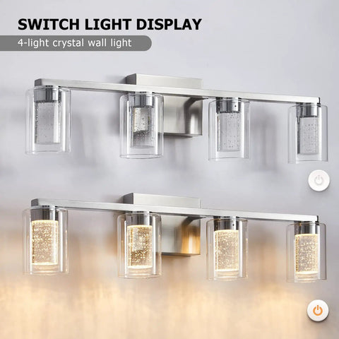 4 Light Brushed Nickel Crystal Vanity Light Fixtures With Dimmable LED Over Mirror, dual lighting modes displayed