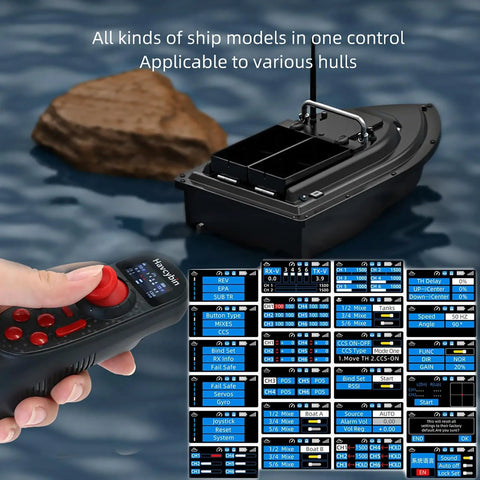 6 Channel 2.4G RC Boat Transmitter With Color Screen Remote Controller And F06A Receiver in use on water with settings interface