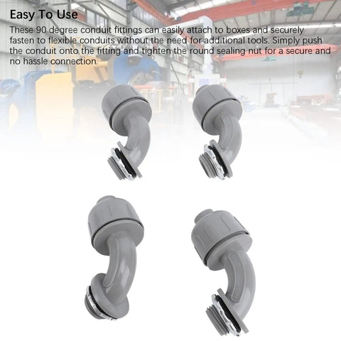 4 pieces 90 degree liquid tight connectors, 1/2 inch NPT nylon fittings for secure conduit attachment, durable nylon design.
