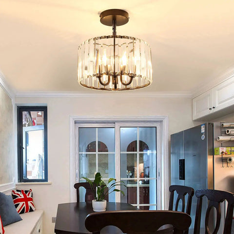 Three Light Industrial Crystal Ceiling Fixture, 13 Inch Round Semi Flush Mount With E12 Base, Black Finish