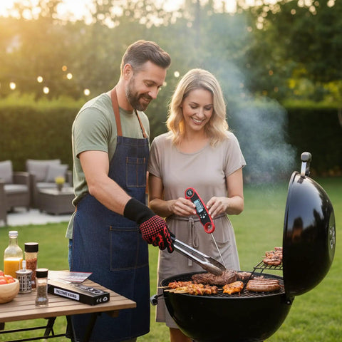 Man using Heat Resistant BBQ Grilling Gloves For Men And Women Up To 1472F With Meat Thermometer Probe at a grill.