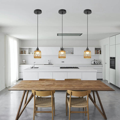 Kiven Instant Light Conversion Kit for 4/5/6inch Hole, 1-Light Glass Farmhouse Lighting in modern kitchen, features rattan shades.