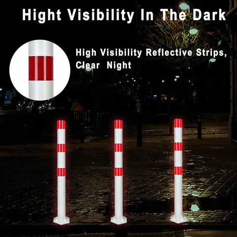 Heavy Duty 32 Inch Stainless Steel Safety Bollards With Bright Reflective Tape Removable Parking Posts For Driveways And Sidewalks Includes Six Concrete Anchors Rock Solid 2 Pack displayed at night for visibility.