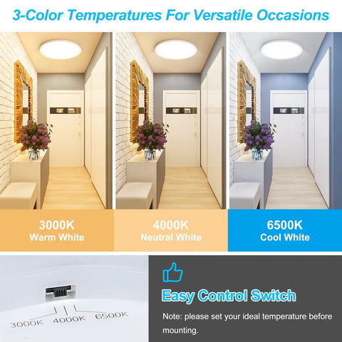 Illustration of Two Pack 12 Inch LED Flush Mount Ceiling Light With Night Light, showing 3000K, 4000K, 6500K color temperatures.