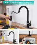 Slick Black Kitchen Faucet With Pull Down Sprayer, Single Handle For RV And Home, modern deck mount in a kitchen setting