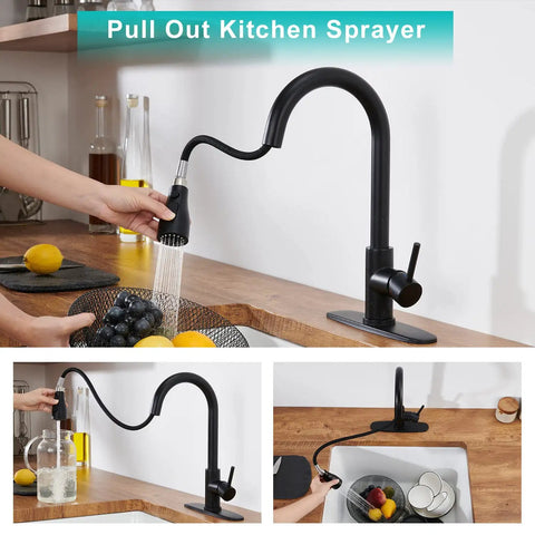 Slick Black Kitchen Faucet With Pull Down Sprayer, Single Handle For RV And Home, modern deck mount in a kitchen setting
