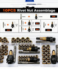 Pro Grade Rivet Nut Tool Set With Mandrels And Flat Head Nuts M3 To M12, 60 Piece Kit, Heavy Duty Rivet Nut Pliers For Drill, DIY Garage Must Have For Sheet Metal, Automotive, Furniture And Pipes, open case with M3-M8 mandrels