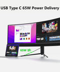 45 Inch Ultrawide Curved Gaming Monitor 5120x1440 Resolution 32:9 VA Panel 120Hz Refresh HDR400 USB Type C Setup