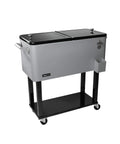 Front view of 80 Quart Rolling Ice Chest Cooler Cart with bottle opener shelf and grey finish, portable beverage on wheels for patio parties.