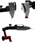 Front view of KHCRAFT dial test indicator with steel body mounted on an adjustable black arm and red stand; circular dial gauge.