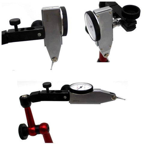 Front view of KHCRAFT dial test indicator with steel body mounted on an adjustable black arm and red stand; circular dial gauge.