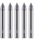 No Nonsense 5 Piece 60 Degree V Bit Bundle With A Quarter Inch Shank Four Fluted Carbide Milling Cutters Featuring Titanium Coating For Crushing Hardwood Projects And Clean V Groove Chamfer Work.