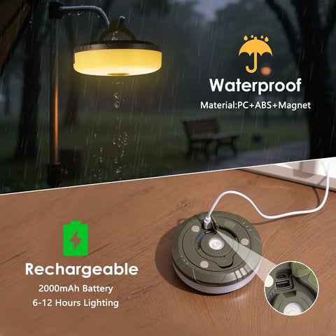 LED lantern from 2 Pack Camping String Lights 4 In 1 Camp Light With 8 Modes And 32.8 Feet Hanging Tent Lights, showing waterproof design and charging.