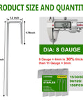 Diagram showing Beefy 8 Gauge Landscape Staples 6 Inch Heavy Duty Galvanized Steel Garden Stakes 15 Pack dimensions and gauge comparison
