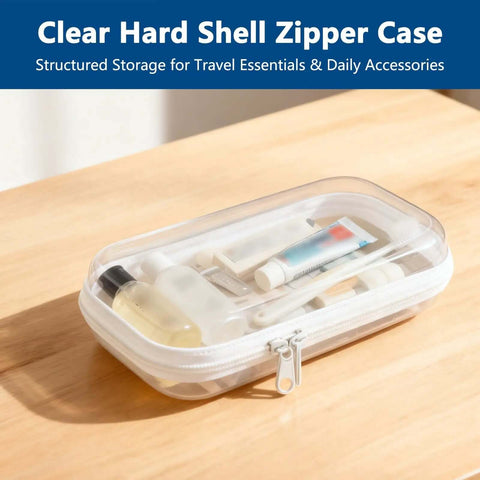 Clear Hard Shell Zipper Case For Everyday Carry And Travel Ready Getaways Solid Plastic Storage Bag For Makeup Toiletries Electronics And Accessories Organizer That Is Simply Squad Approved with various travel essentials inside.